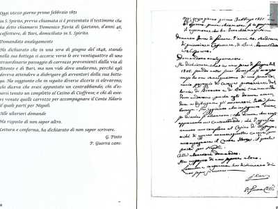 Sull'incontro clandestino a Villa Cioffrese, si apr� un'inchiesta e vennero redatti 919 fogli di atti processuali: tra i testimoni, molti erano abitanti di Santo Spirito (foto da: A. Musitano, A. Pulice, "Il Sud prima dell'Unit� d'Italia tra storia e microstoria", Levante, Bari, 2011)